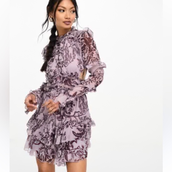 ASOS DESIGN frill mini dress with button detail in dusty purple toile du jouy - Picture 1 of 9